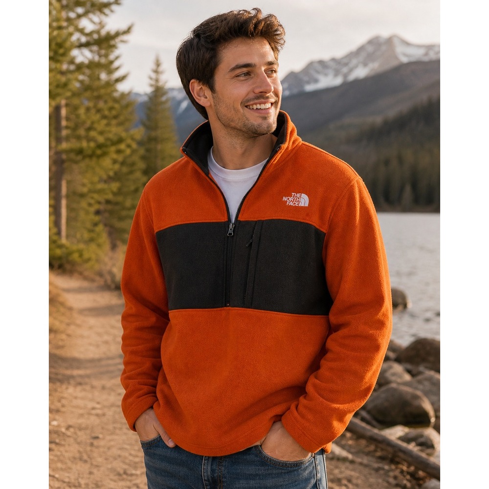 The North Face Gordon Lyons 1/4 Zip Orange Gray Fleece Pullover Knit Jacket XL‎